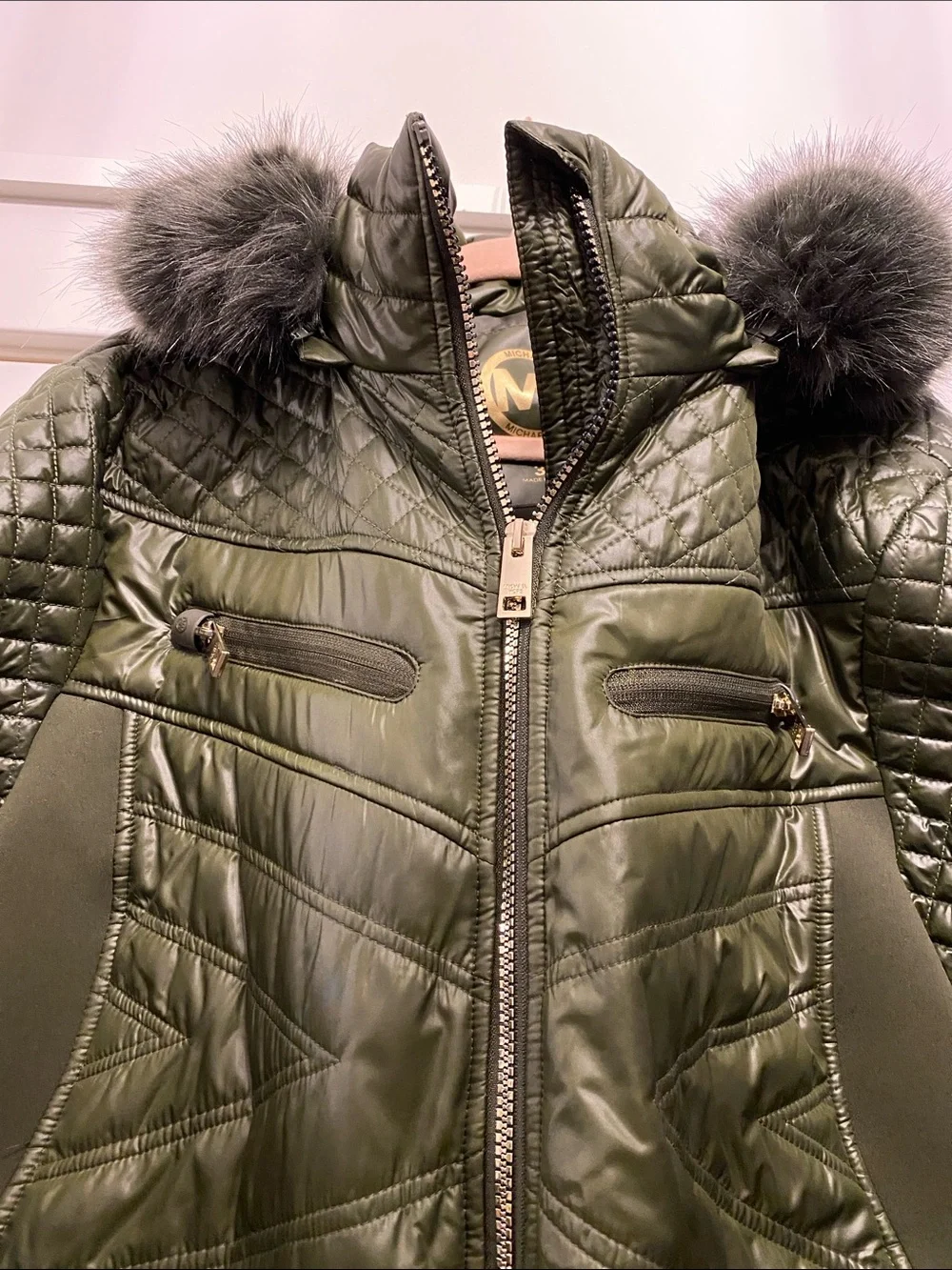 NWT Michael Kors Mixed Media Hooded Quilted Jacket Olive Green Plus Size 3X